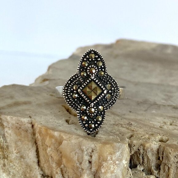 VTG Sterling Silver 925 Oxidized Art Deco Style Marcasite Band Ring Sz 6.75 - Picture 2 of 16